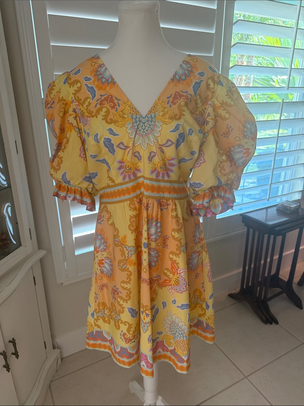Hale Bob Yellow Floral Mini Dress with Pink & Blue Accents